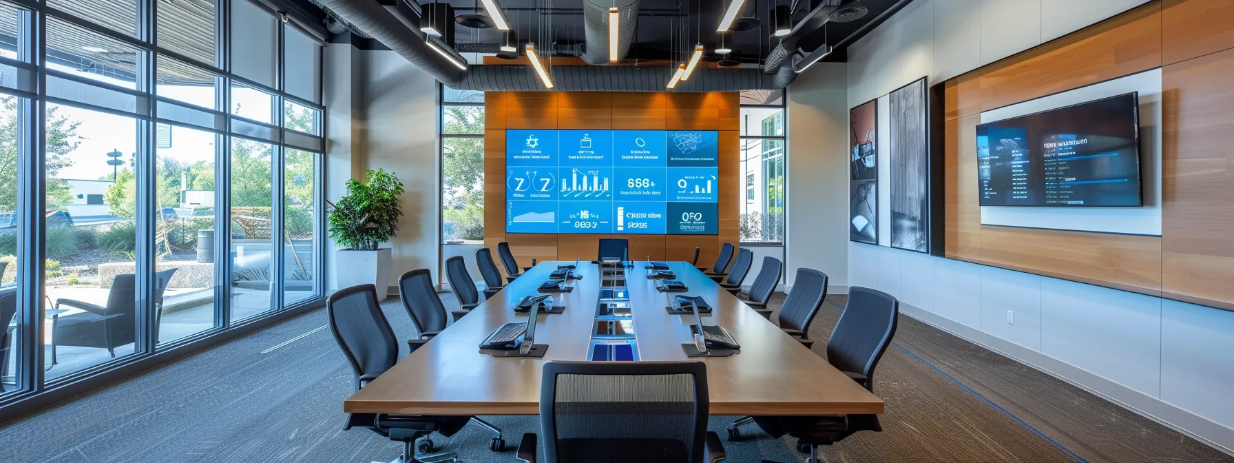 a modern office conference room in charlotte, featuring a sleek table surrounded by ergonomic chairs, a large digital display showcasing seo analytics, and vibrant branding elements that communicate professionalism and innovation in digital marketing.