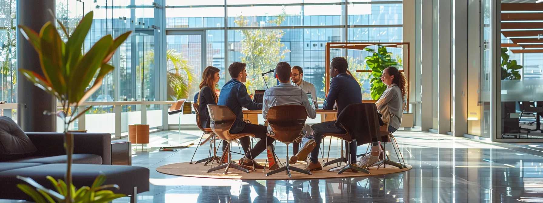 a sleek, modern office space with expansive glass walls and minimalist furniture showcases a vibrant brainstorming session among diverse professionals engaged in dynamic discussions, emanating energy and collaboration.