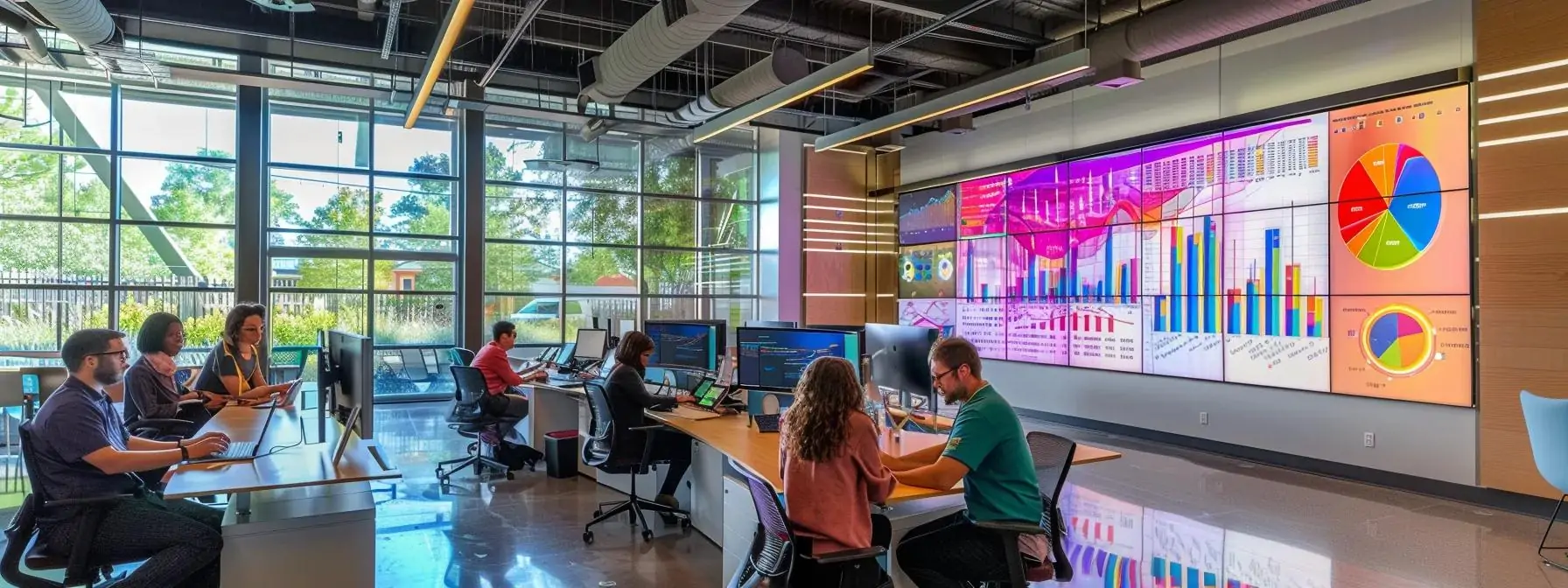 a bustling office environment in charlotte, nc, showcases business professionals analyzing digital marketing metrics on sleek monitors, illuminated by vibrant data visualizations reflecting successful web marketing strategies and real-time performance analytics.