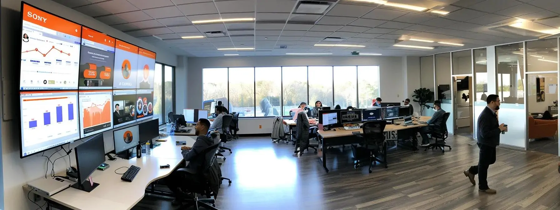 a bustling office environment in charlotte, nc, showcases a team of focused professionals collaborating over digital marketing strategies, surrounded by large screens displaying analytics and seo metrics, emphasizing their commitment to amplifying online presence.