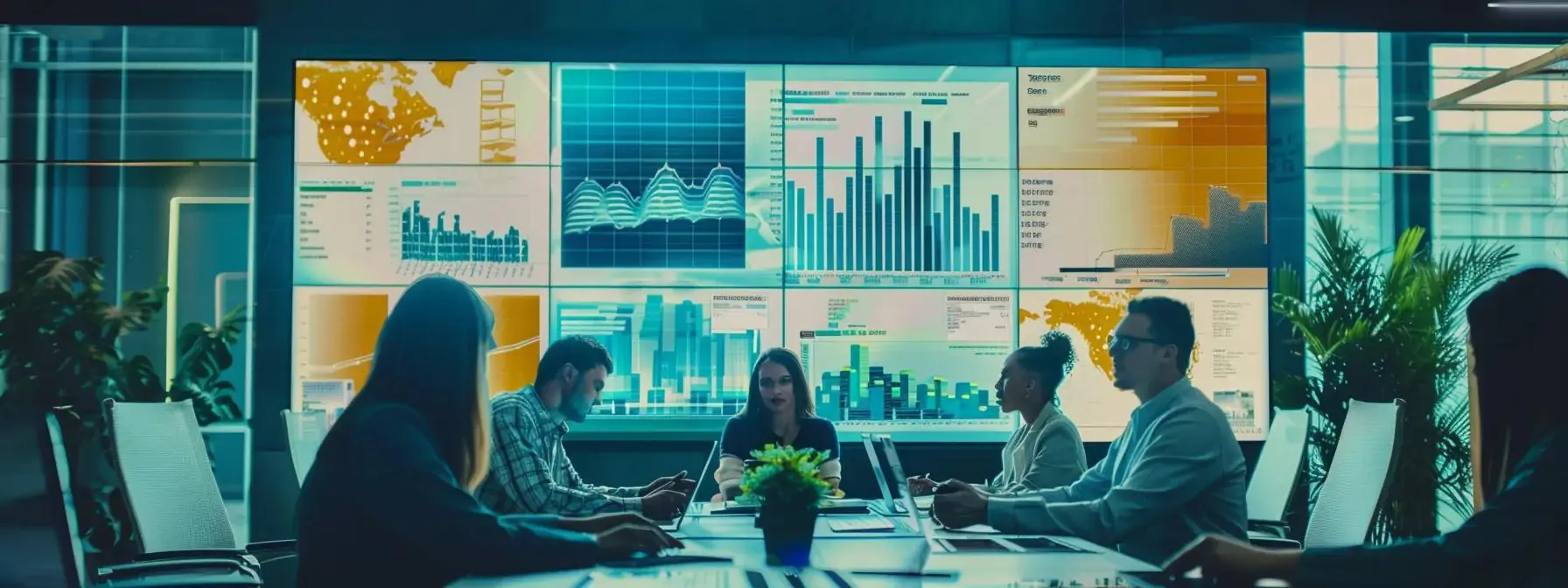 a modern, bustling office in charlotte, nc, filled with professionals engaged in animated discussions around sleek conference tables, surrounded by digital displays showcasing analytics and seo performance metrics, highlighting the strategic importance of investing in top-tier seo services for 2025.