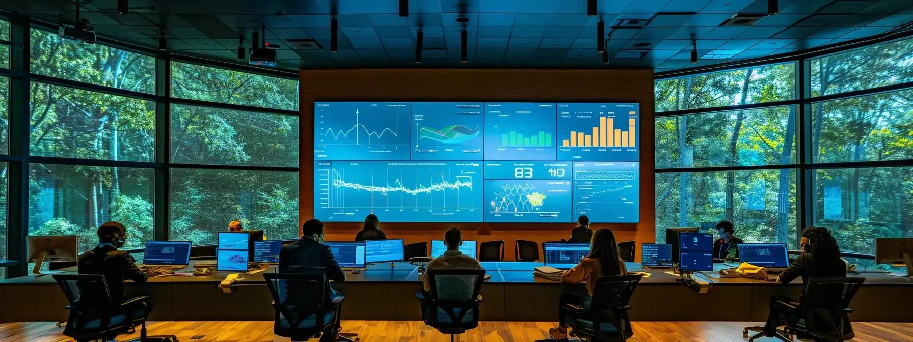 a modern office space in charlotte, nc, featuring a diverse team of professionals collaboratively analyzing data on sleek laptops, surrounded by large screens displaying dynamic seo metrics and digital marketing strategies, all under vibrant, focused lighting.
