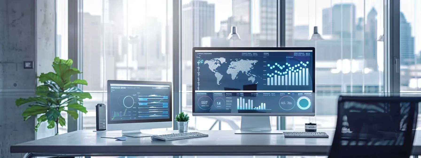 a sleek, modern office with high-tech digital marketing dashboards displaying analytics and strategies, illuminated by bright, artificial lighting, conveying the innovative spirit of charlotte's web marketing industry.
