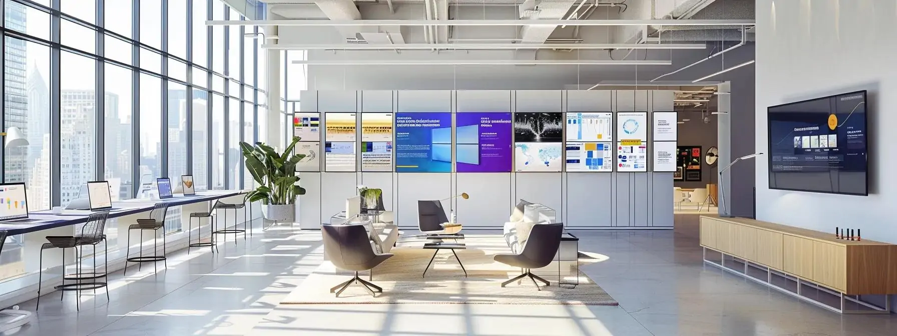 a sleek, modern office workspace showcases a vibrant digital display illustrating ai-driven web design interfaces, immersive ar and vr experiences, and interactive data visualizations, all emphasizing the cutting-edge technology reshaping user interaction on a seamless, adaptive website.