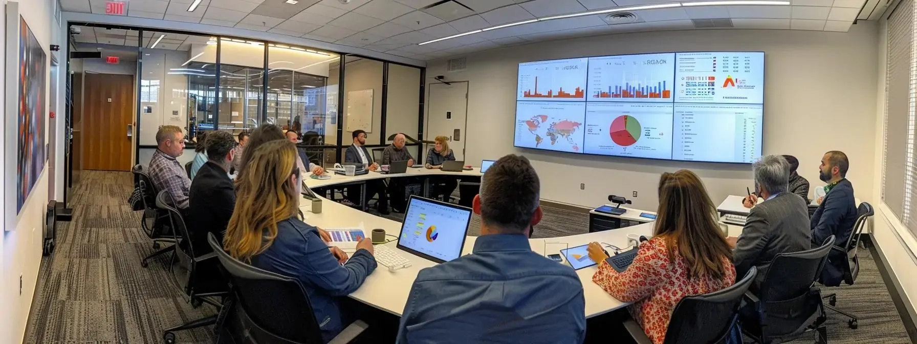 a modern office conference room filled with professionals engaged in a focused discussion around a large screen displaying impressive analytics and graphs, symbolizing the transformative impact of a leading seo company in charlotte, nc.