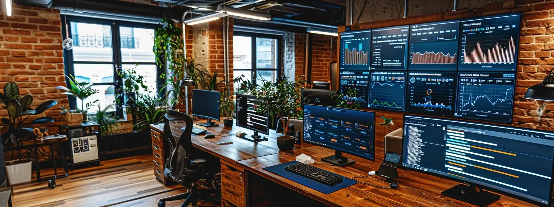 a modern office workspace filled with digital analytics dashboards displayed on sleek monitors, showcasing vibrant graphs and key performance indicators that highlight user engagement and conversion metrics from innovative web design implementations.