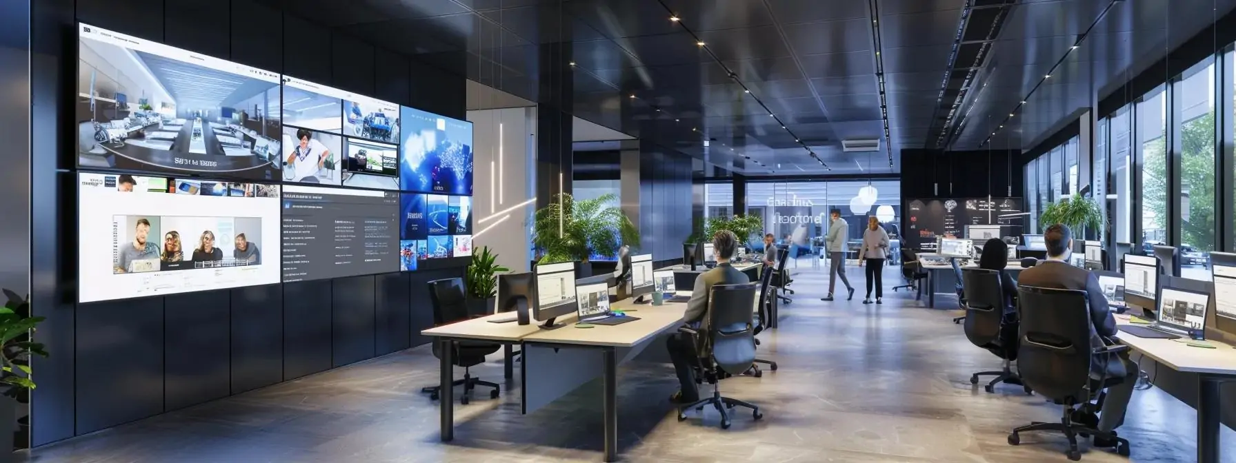 a modern office workspace showcases an innovative web design team collaborating around sleek screens displaying dynamic, user-friendly website mockups, emphasizing cutting-edge technology and strategic creativity to enhance customer engagement.