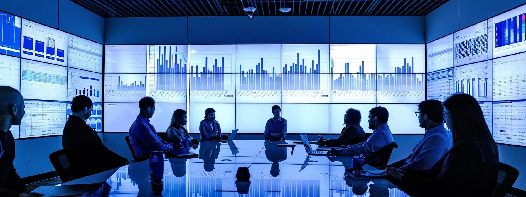 a sleek and modern office interior in charlotte, featuring a group of focused professionals engaged in a strategic discussion around a large conference table, illuminated by dynamic lighting that emphasizes digital marketing analytics displayed on a screen.