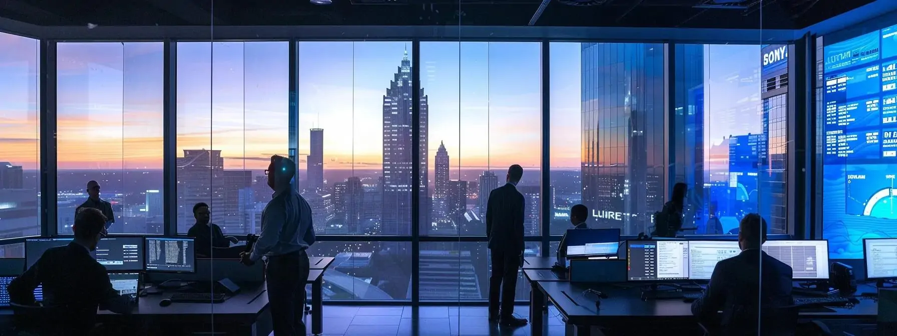 a sleek, modern office environment showcases a group of diverse professionals engaged in a dynamic brainstorming session, surrounded by digital displays and data analytics tools, highlighting the transformative power of tailored web marketing strategies for local businesses in charlotte.