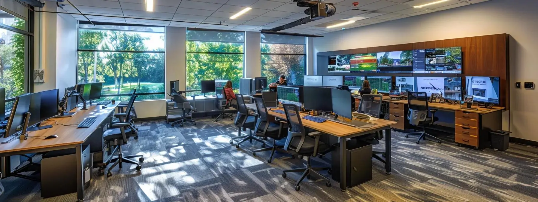 a sleek, modern office in charlotte, nc, showcasing a diverse team of digital marketers collaborating around high-tech workstations, with large screens displaying dynamic seo analytics and future-oriented strategies illuminated by bright overhead lighting.