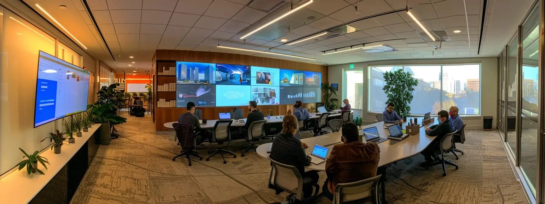 a sleek, modern office in charlotte features a diverse team of professionals engaged in a strategic meeting, analyzing digital marketing trends on high-resolution screens, emphasizing the importance of selecting the right seo company for tailored business success.