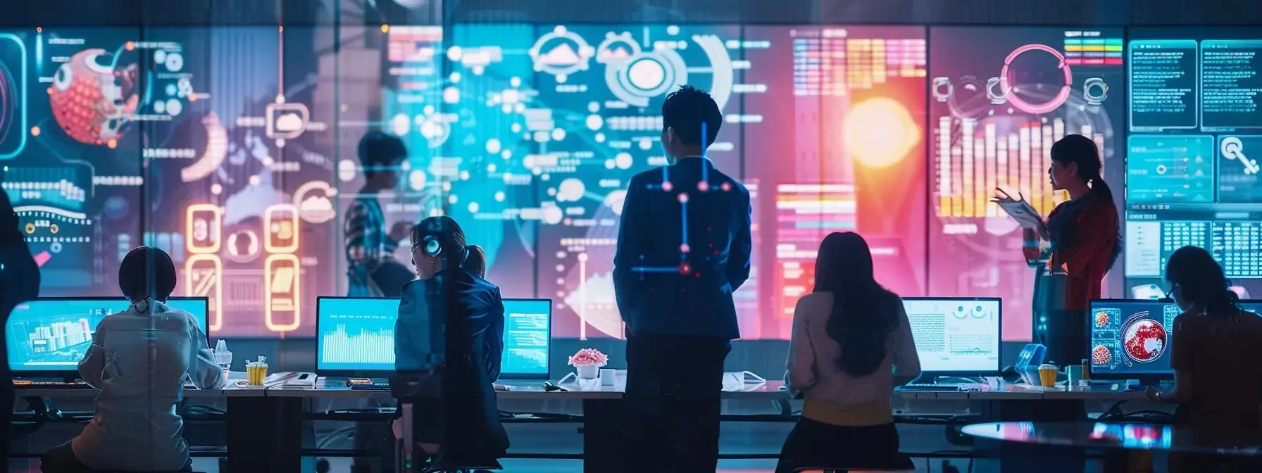 a vibrant and dynamic office space showcasing a collaborative team engaged in designing interactive web features, with colorful infographics and gamification elements displayed on screens, emphasizing creativity and user engagement in a modern digital environment.