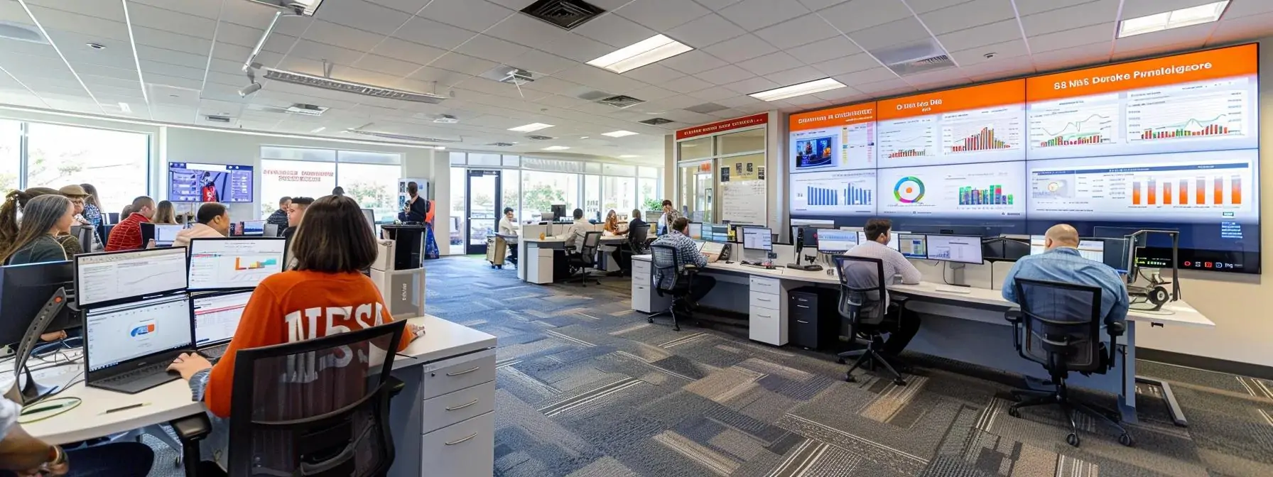 a vibrant office environment in charlotte, showcasing a diverse team of professionals collaborating over laptops and digital marketing strategies, with charts and graphs highlighting seo performance and web analytics in the background, emphasizing the dynamic nature of strategic web marketing for business growth.