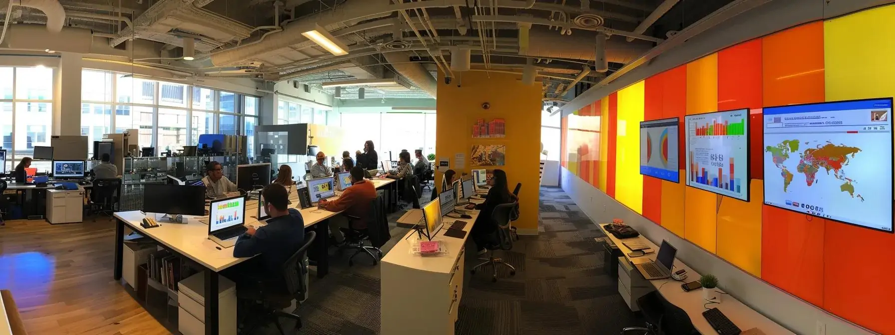 a vibrant urban office space filled with marketing professionals collaborating over digital screens, showcasing dynamic branding strategies and interactive design elements that redefine a brand's online presence in charlotte.