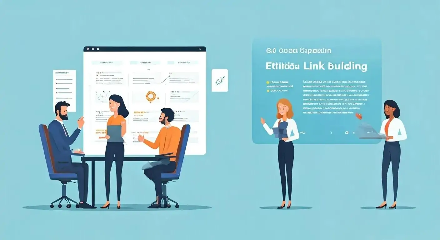 SEO specialists collaborating on ethical link-building strategies in a professional setting