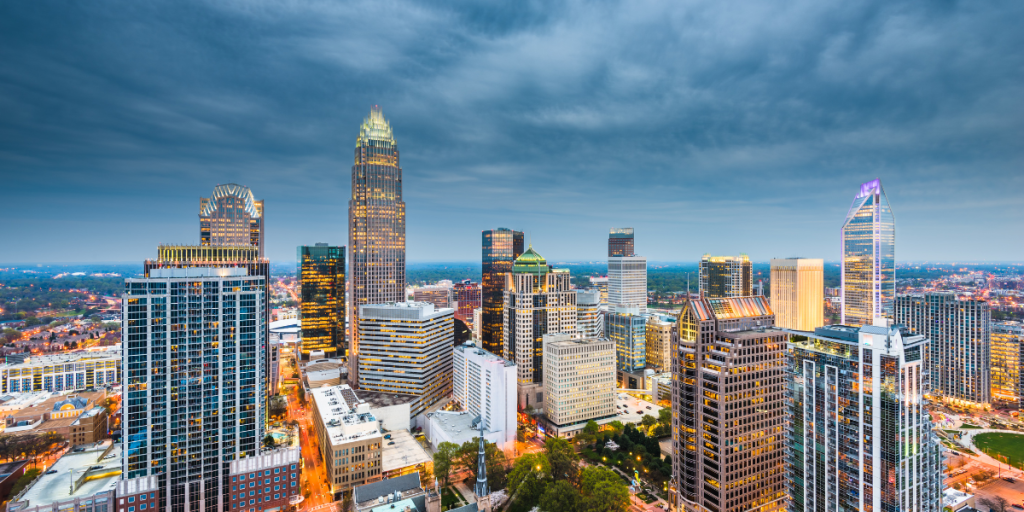 Charlotte, NC skyline showcasing a vibrant cityscape with modern skyscrapers, representing the growing business hub for marketing careers.