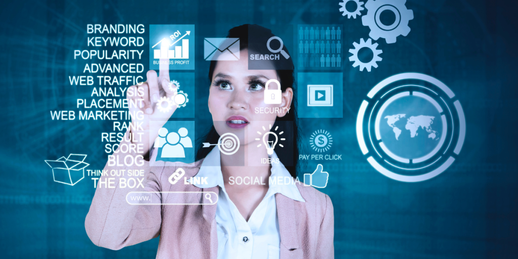 Business professional interacting with digital marketing icons, including keywords, ROI, web traffic analysis, and social media, representing local search engine optimization strategies for Charlotte businesses.